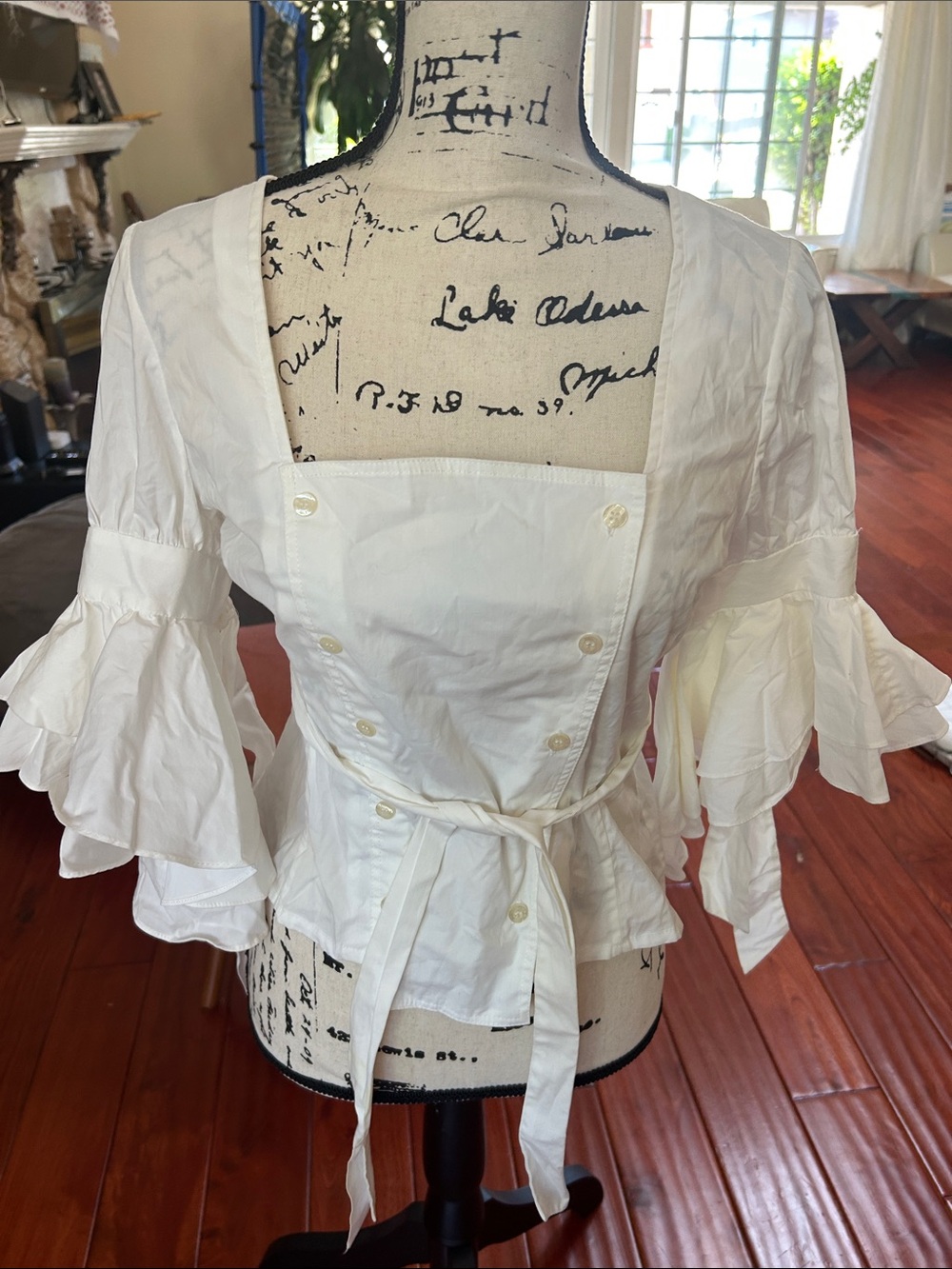 White Square-Neck Ruffle Sleeve Tie-Waist Blouse